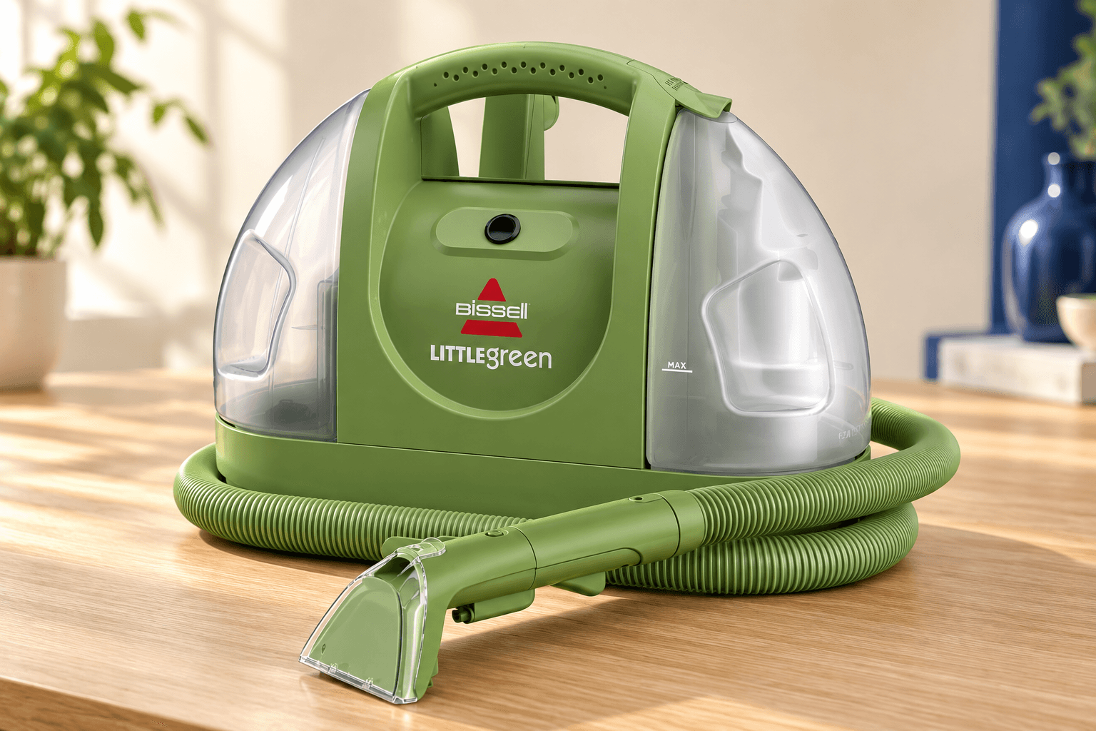 Green BISSELL Little Green 1400B portable carpet cleaner on an oak counter